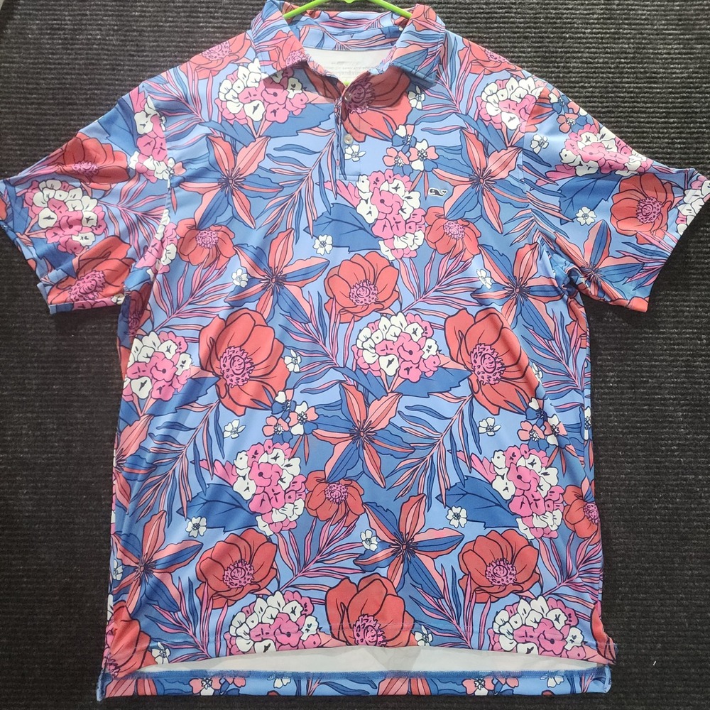 Vineyard Vines Mens Large On-The-Go Sankaty Polo Shirt Blue Floral Tropical L